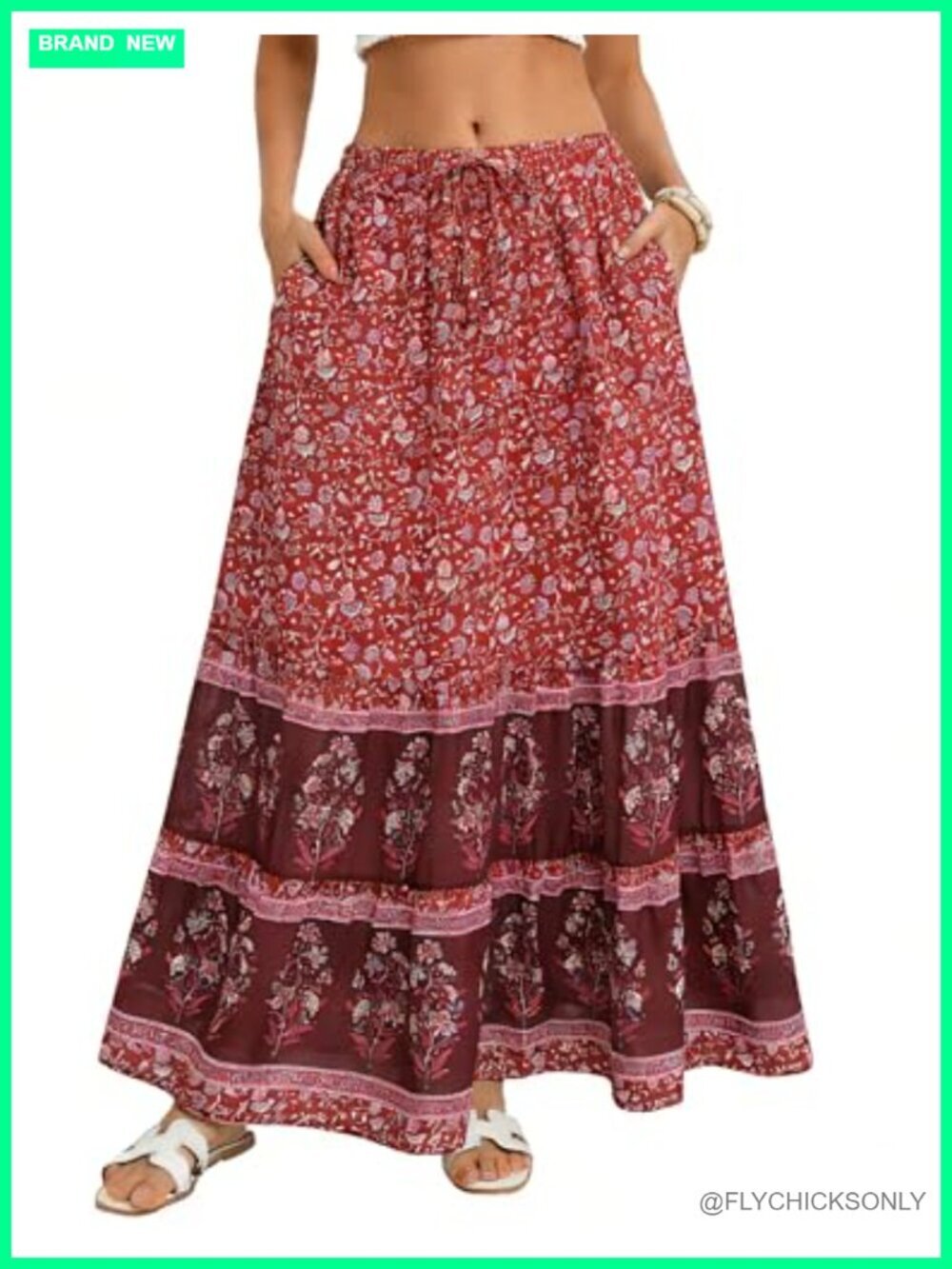 Floral A-Line Maxi Skirt with Pockets, Elastic Waist